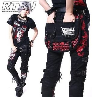   Punk Rock Corset Laceup Honeycomb Knee Guard Gear Pants Jeans+Hip Bag