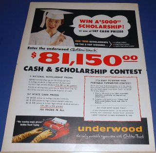 1958 UNDERWOOD portable typewriter contest Ad ~ win $5,000 scholarship