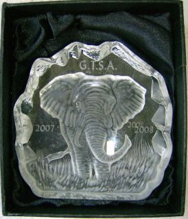   Glass Paperweight Elephant Engraved Royal Crown GTSA Award Vintage