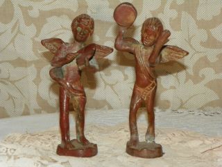 Antique/vintage pair bronze angel cherubs playing musical instruments 