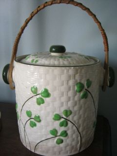 Antique Biscuit Barrel Irish Shamrock Clover Pottery Cookie Jar Wicker 