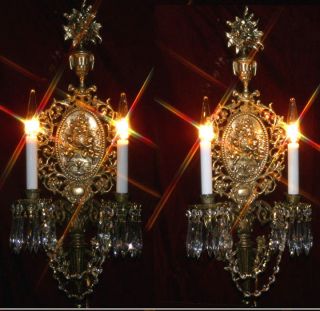 Vintage cherub Rococo brass bronze sconces candle lamp crystal 