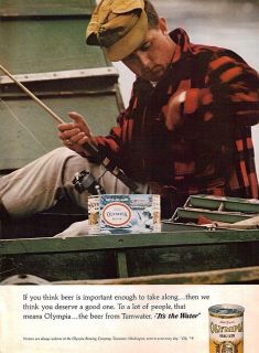 1968~OLYMPIA BEER~Guy Sitting~Boat~D​ock~Fishing~Po​le~Tackle Box 