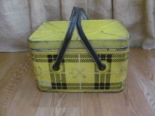 Vintage Yellow/Black Plaid Nesco Metal Picnic Basket #1280