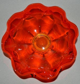   1960s AMBERINA Viking Ruffled Glass Dish Bowl 8 Red Orange MC Modern