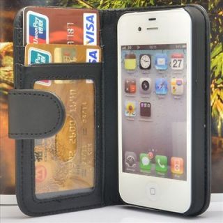   Protector+Wall​et Flip Leather Back Hard Case For Apple iphone 4s 4