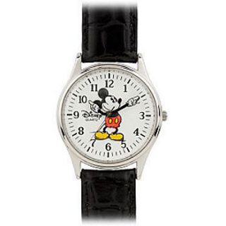 NEW Mickey Mouse Mens Watch   Chrome & Black Leather