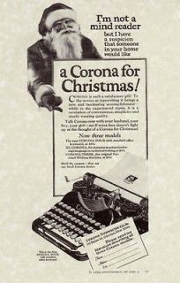 CORONA Portable TYPEWRITER Vintage c 1920s REPRINT AD w SANTA CLAUS 