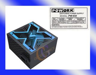 PoWork Silent 650W Max ATX Power Supply w/12cm Fan, 20/24Pin, SATA NEW 