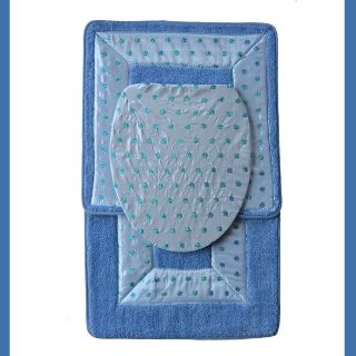 BLUE 3 Piece Bathroom Rug\Mat SET:Bath Mat,Contour Rug,Toilet Seat Lid 
