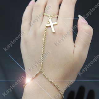 Gold Crucifix Cross Bracelet Bangle Slave Chain Link Hand Harness 