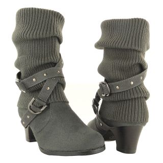 Girls Ruched Mid Calf Faux Suede Knitted Fabric High Heel Boots Gray 