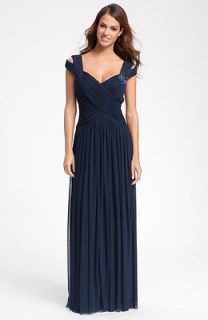 JS Collections NAVY BLUE Bead Embellished, Crisscross Bodice Mesh Gown 