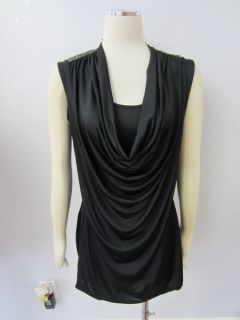   Blanca Black Grommets Embellished Shoulders Dressy Draped top XS S M L
