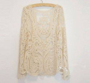 Womens Beige Lace Retro Floral Knit Top T Shirt Waistcoat Pullover 