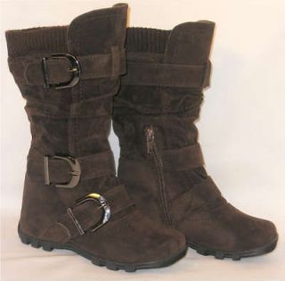   Kids Tall 3 Buckle Suede Flat Boots*Warm Knit Top BROWN TODDLER/YOUTH