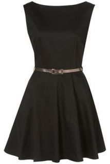 New Rare @ Topshop Cotton Belted Skater Dress Black UK Size 6 8 10 12