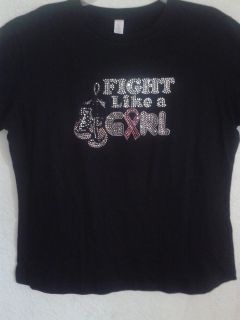 Fight Like A Girl Boxing Gloves Breast Cancer Rhinestone Black T Shirt