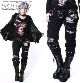Gothic Punk Unisex Dry Crack Patch Denim Jeans Pants Metal Stud Frayed 