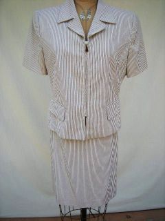 Vintage KASPER A.S.L.Petite Taupe White Seersucker Skirt Suit Poly 