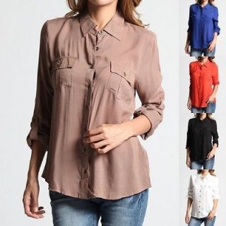   Roll Up BUTTON FRONT SHIRTS Long Sleeve Challis Woven Pocket Blouse