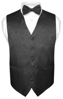 Mens Black Paisley Design Dress Vest and BOWTie Set for Suit or 