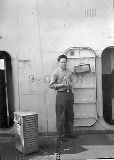 WWII Aircraft Carrier  Sailor Drinks Coffee  Hatch  Old Radio