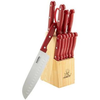   13pc 7 RED Santoku Knife Cutlery Set w/Block and Steak Knives NEW