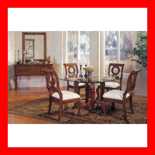   Cherry Brown Round Glass Dining Pedestal Table Chairs 5 Pc Set