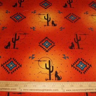 COTTON Fabric Native American Southwest Design Coyotes & Cactus ORANGE 