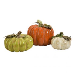 Ceramic Harvest Pumpkins w/ Metal Leaves   Set of 3