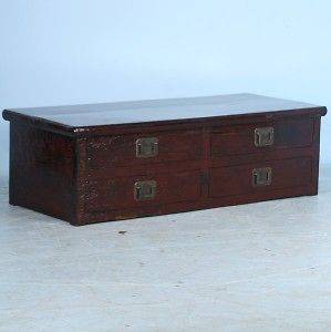 Antique Lacquered Chinese Coffee Table With Drawers, Deep Burgundy 