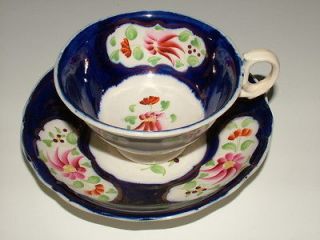 VICTORIAN ANTIQUE GAUDY WELSH MULBERRY FLOWER LUSTRE TEA CUP AND 