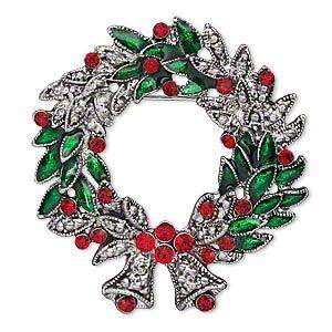 Wholesale Silver Holiday Wreath Brooch Pin Red Glass Rhinestones Scarf 
