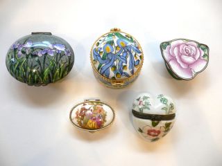 Collection of 5 Small Trinket Boxes   Floral, Enamel, Pastoral Scene