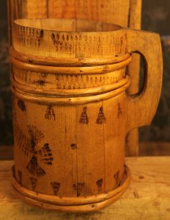 Large Hand Carved and Cooper Made Wooden Tankard