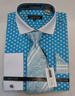 New Avanti Uomo Fashion Dress Shirt Turquoise/White Polka Dots. DN47M