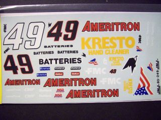  JNJ WATERSLIDE NASCAR DECAL # 49 AMERITRON BATTERY KRESTO FMC LUMINA