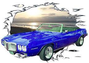 1969 Blue Pontiac FireBird Convertible Hot Rod Sun Set T Shirt 69 