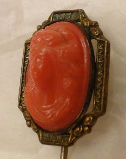 Antique ART DECO Hatpin CAMEO Lady in Repousse Lucite Molded 
