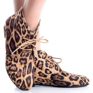   Leopard Animal Print Lace Up Hipster Women Flat Ankle Booties Size 7.5