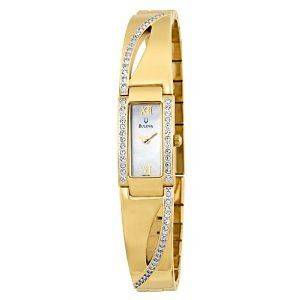  Dainty Bulova 98V28 Gold Tone Swarovski Crystal Mother Of Pearl Watch