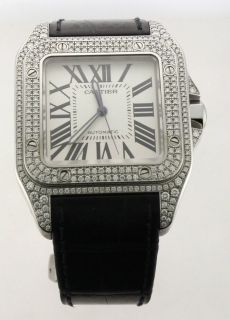 Authentic Cartier Santos 100 Diamond Black Leather Strap Watch 6.5 