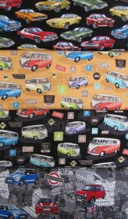 VW Camper Van, Mini Cooper & Classic American Cars 100% Cotton Fabric 
