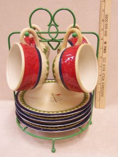   Dishes Set New Haven Holiday 4 Plates 4 Cups & Display Rack Holder