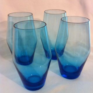 Mod Retro Mid Century Aqua Cobalt Blue Drinking Juice Glasses Set Of 4