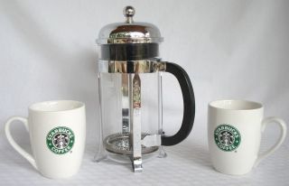 STARBUCKS~French Press Coffee Maker and 2@ STARBUCKS Cups~Gently Used