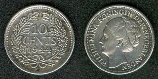 1944 P CURACAO 10 CENTS COIN ~ WILHELMINA ~ NETHERLANDS ~ SILVER