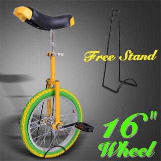   Unicycle W/ Stand Skid Proof Tire Chrome Frame Yellow Green Bike Cycle