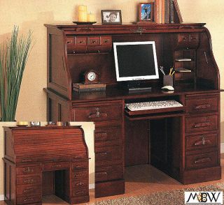 Cherry Roll Top Computer Writing Desk Table w/ Cabinets